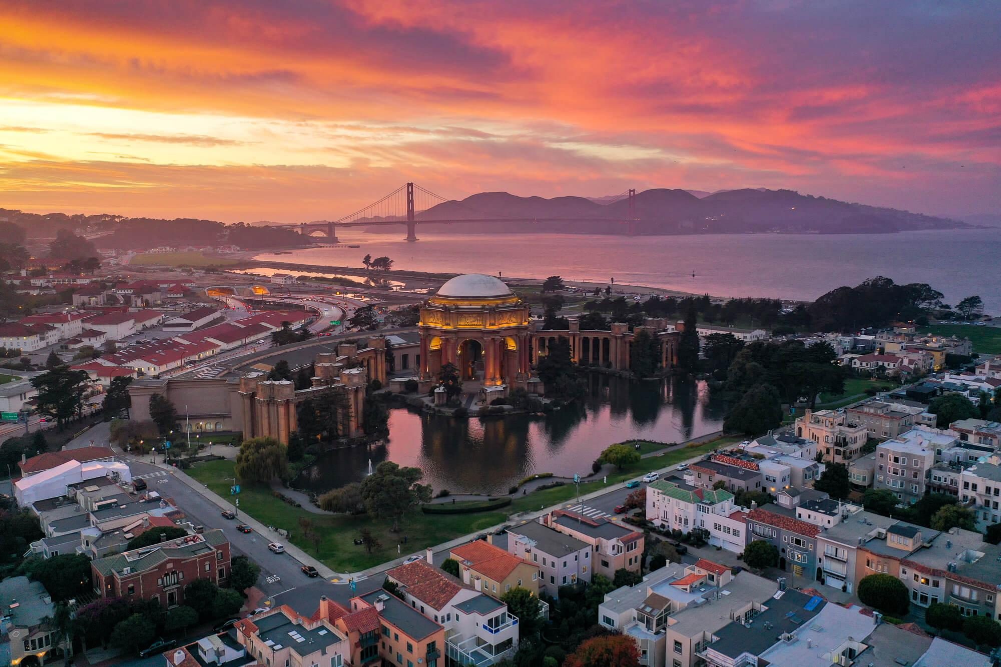 Sunset over the Palace of Fine Arts in the Marina District of San Francisco, California by Jake Landon Schwartz | photo by jake landon schwartz